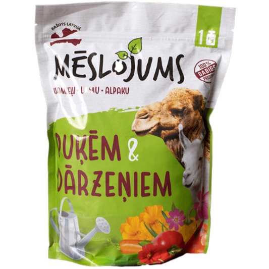 Mēslojums puķēm un dārzeņiem (Kamieļu, lamu un alpaku mēsli granulēti 1KG)