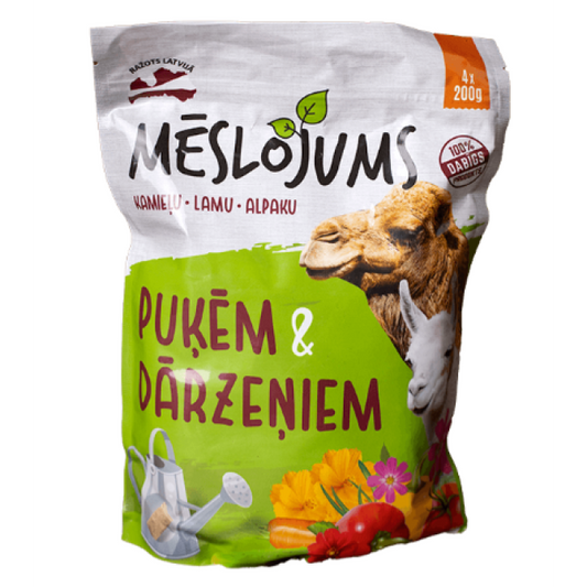Mēslojums puķēm un dārzeņiem (Kamieļu, lamu un alpaku mēsli granulēti 800 gr)